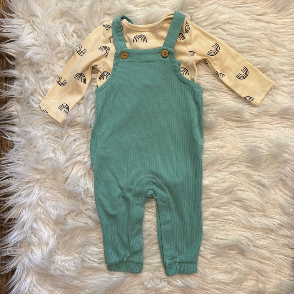 Cat & Jack Baby Boy 3-6M Teal Overall Romper Rainbow Bodysuit Set